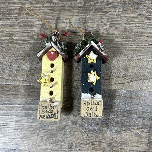 2 Mini Wooden Folk Art Birdhouses w/Signs Christmas Ornaments Country Farmhouse